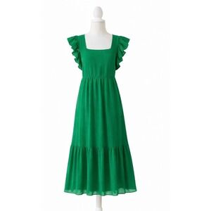 BiBi Women's Emerald Green Ruffle Sleeve Midi Sundress Square Neck Relaxed Fit M